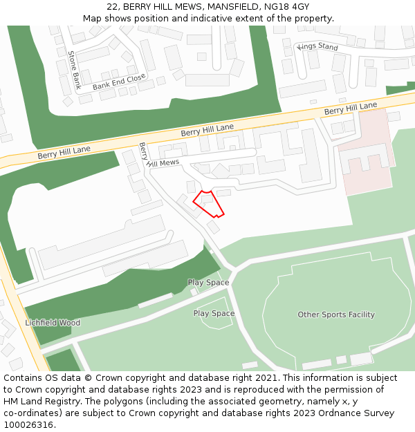 22, BERRY HILL MEWS, MANSFIELD, NG18 4GY: Location map and indicative extent of plot