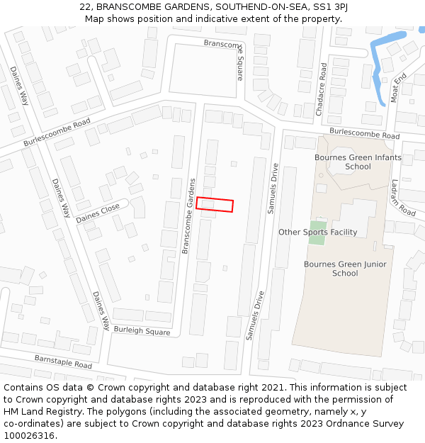 22, BRANSCOMBE GARDENS, SOUTHEND-ON-SEA, SS1 3PJ: Location map and indicative extent of plot