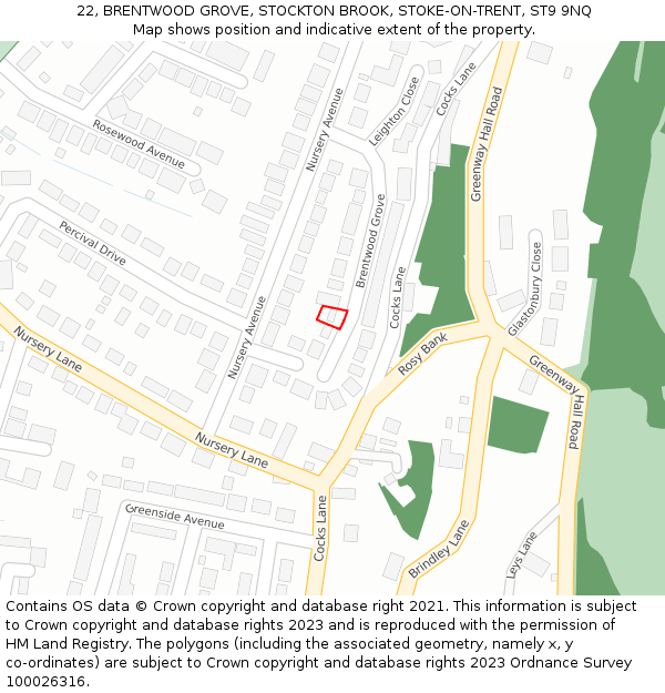 22, BRENTWOOD GROVE, STOCKTON BROOK, STOKE-ON-TRENT, ST9 9NQ: Location map and indicative extent of plot