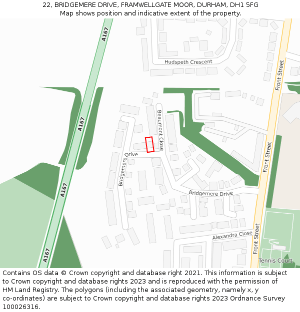 22, BRIDGEMERE DRIVE, FRAMWELLGATE MOOR, DURHAM, DH1 5FG: Location map and indicative extent of plot