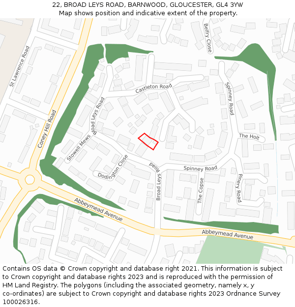 22, BROAD LEYS ROAD, BARNWOOD, GLOUCESTER, GL4 3YW: Location map and indicative extent of plot