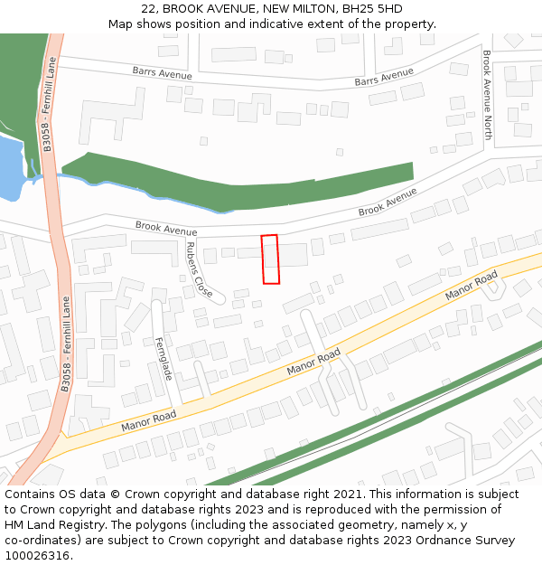 22, BROOK AVENUE, NEW MILTON, BH25 5HD: Location map and indicative extent of plot