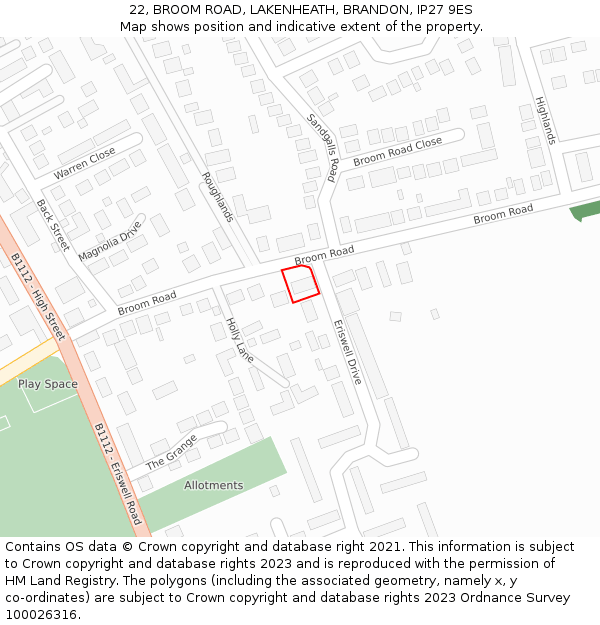 22, BROOM ROAD, LAKENHEATH, BRANDON, IP27 9ES: Location map and indicative extent of plot