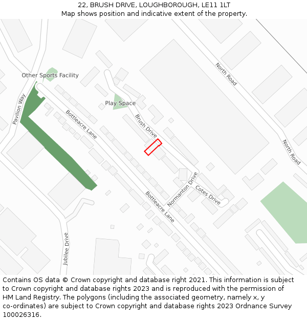 22, BRUSH DRIVE, LOUGHBOROUGH, LE11 1LT: Location map and indicative extent of plot