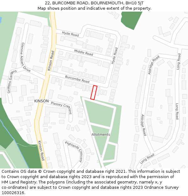 22, BURCOMBE ROAD, BOURNEMOUTH, BH10 5JT: Location map and indicative extent of plot