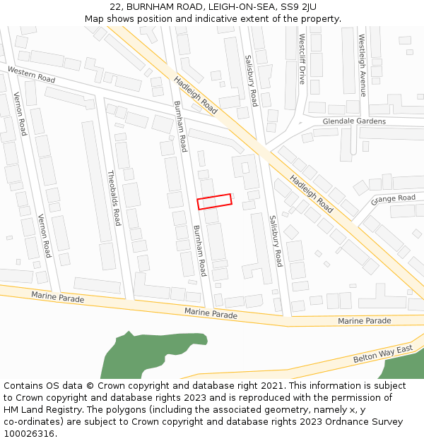 22, BURNHAM ROAD, LEIGH-ON-SEA, SS9 2JU: Location map and indicative extent of plot