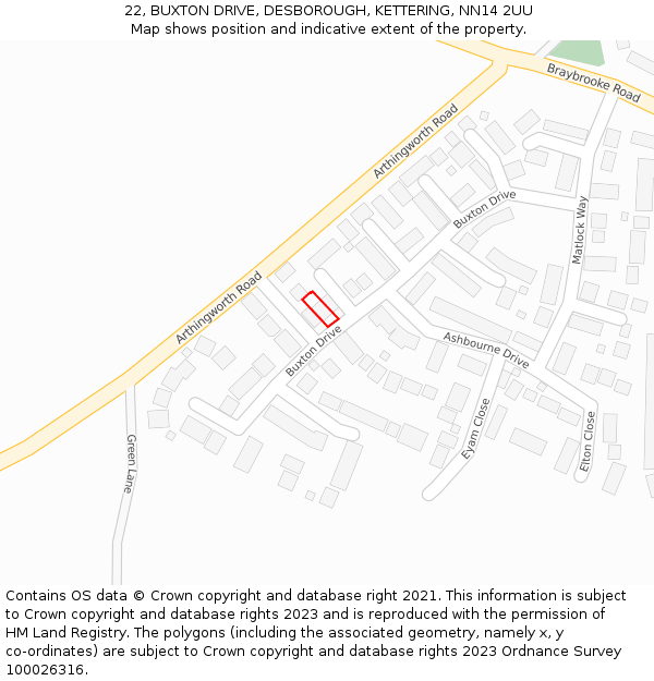 22, BUXTON DRIVE, DESBOROUGH, KETTERING, NN14 2UU: Location map and indicative extent of plot