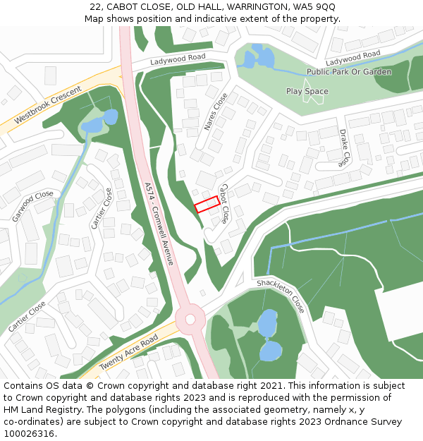 22, CABOT CLOSE, OLD HALL, WARRINGTON, WA5 9QQ: Location map and indicative extent of plot