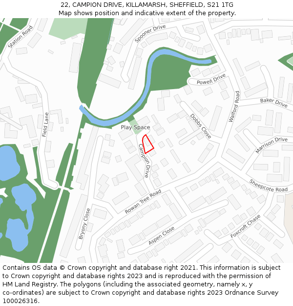 22, CAMPION DRIVE, KILLAMARSH, SHEFFIELD, S21 1TG: Location map and indicative extent of plot