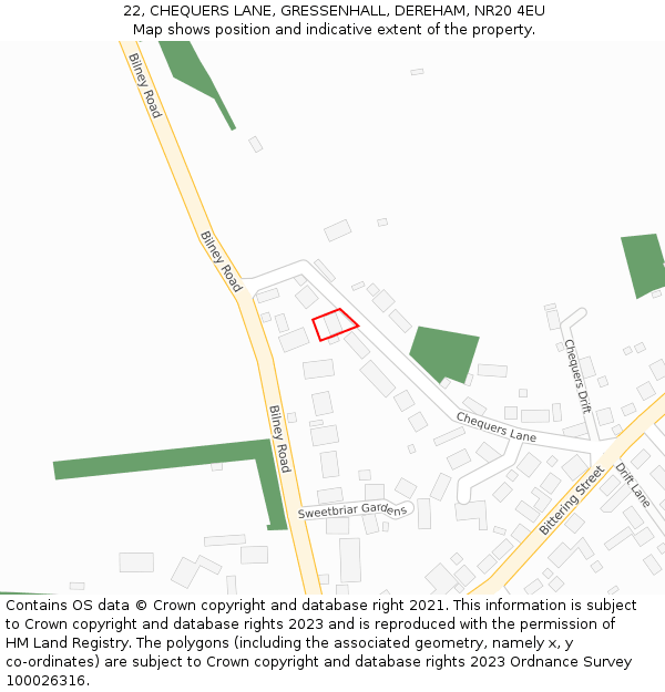 22, CHEQUERS LANE, GRESSENHALL, DEREHAM, NR20 4EU: Location map and indicative extent of plot