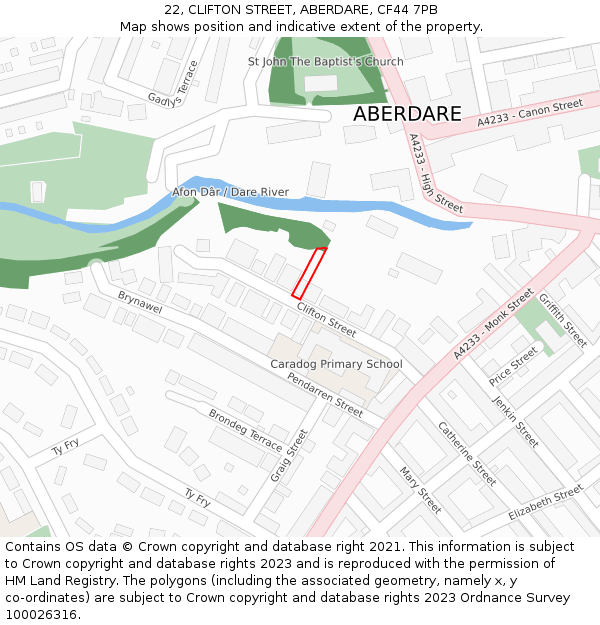 22, CLIFTON STREET, ABERDARE, CF44 7PB: Location map and indicative extent of plot