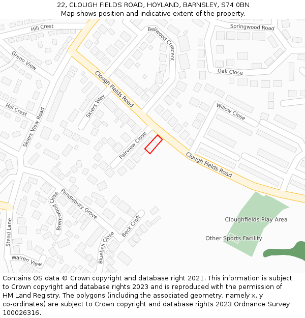 22, CLOUGH FIELDS ROAD, HOYLAND, BARNSLEY, S74 0BN: Location map and indicative extent of plot