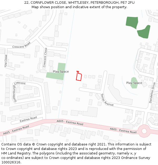 22, CORNFLOWER CLOSE, WHITTLESEY, PETERBOROUGH, PE7 2FU: Location map and indicative extent of plot