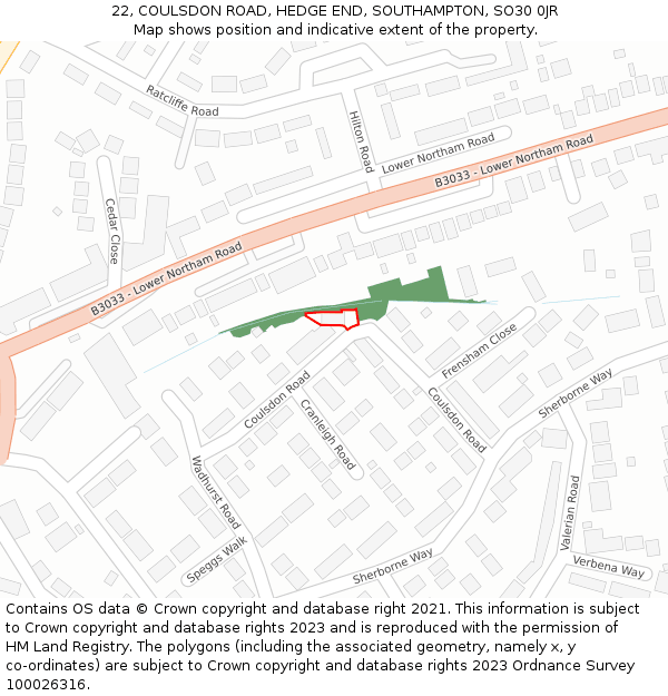 22, COULSDON ROAD, HEDGE END, SOUTHAMPTON, SO30 0JR: Location map and indicative extent of plot