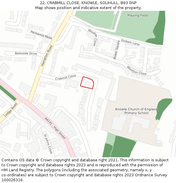 22, CRABMILL CLOSE, KNOWLE, SOLIHULL, B93 0NP: Location map and indicative extent of plot