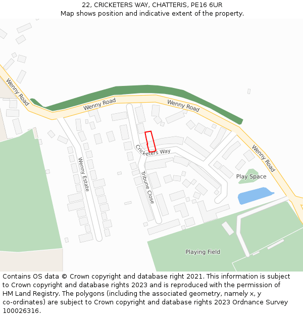 22, CRICKETERS WAY, CHATTERIS, PE16 6UR: Location map and indicative extent of plot