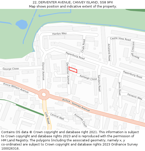 22, DERVENTER AVENUE, CANVEY ISLAND, SS8 9PX: Location map and indicative extent of plot