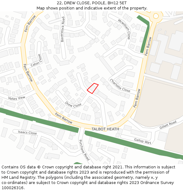 22, DREW CLOSE, POOLE, BH12 5ET: Location map and indicative extent of plot