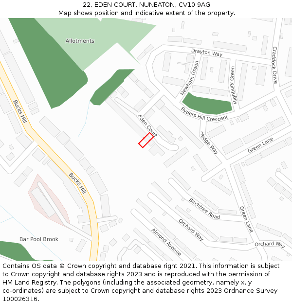 22, EDEN COURT, NUNEATON, CV10 9AG: Location map and indicative extent of plot