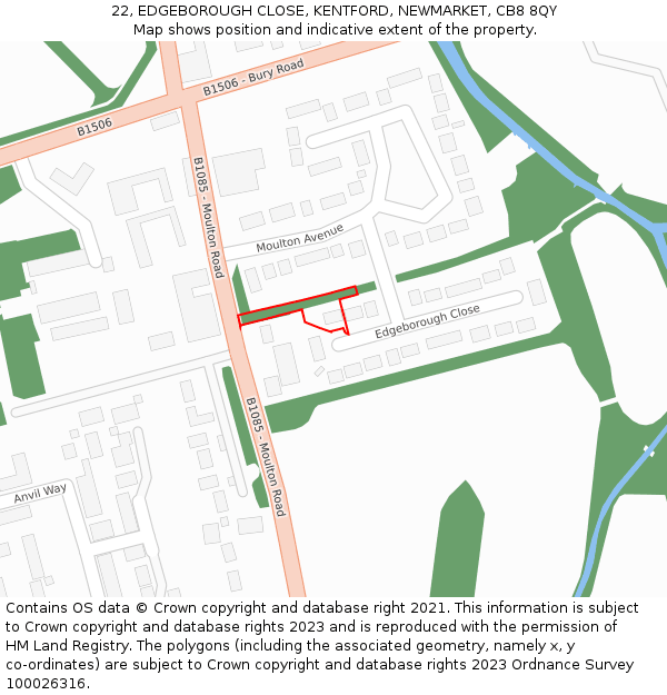 22, EDGEBOROUGH CLOSE, KENTFORD, NEWMARKET, CB8 8QY: Location map and indicative extent of plot