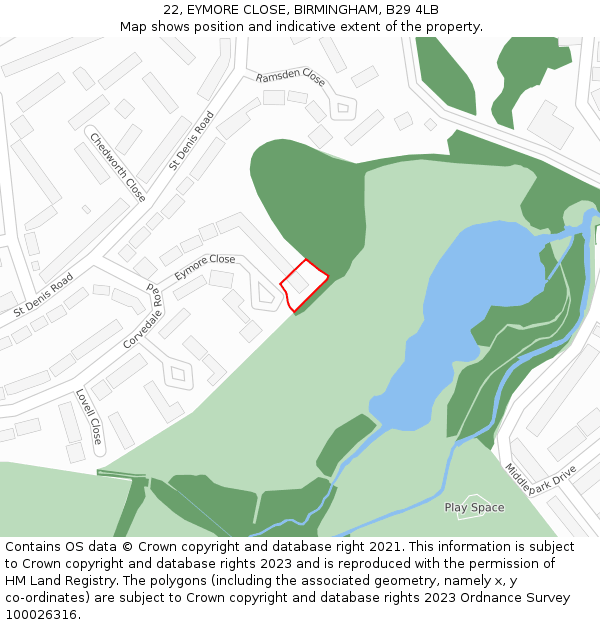 22, EYMORE CLOSE, BIRMINGHAM, B29 4LB: Location map and indicative extent of plot