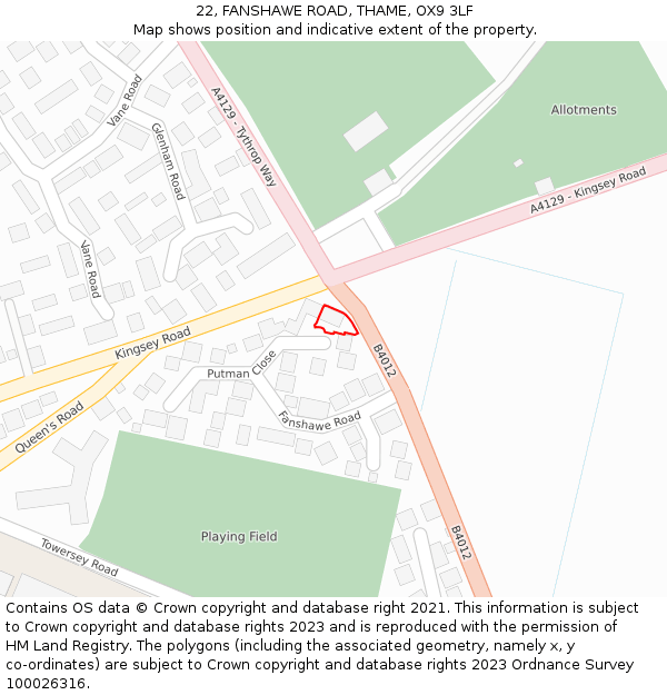 22, FANSHAWE ROAD, THAME, OX9 3LF: Location map and indicative extent of plot