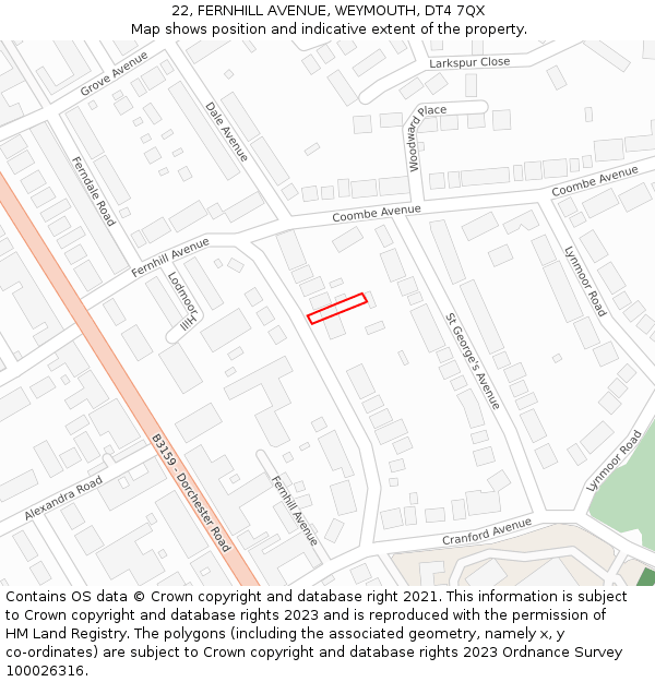 22, FERNHILL AVENUE, WEYMOUTH, DT4 7QX: Location map and indicative extent of plot