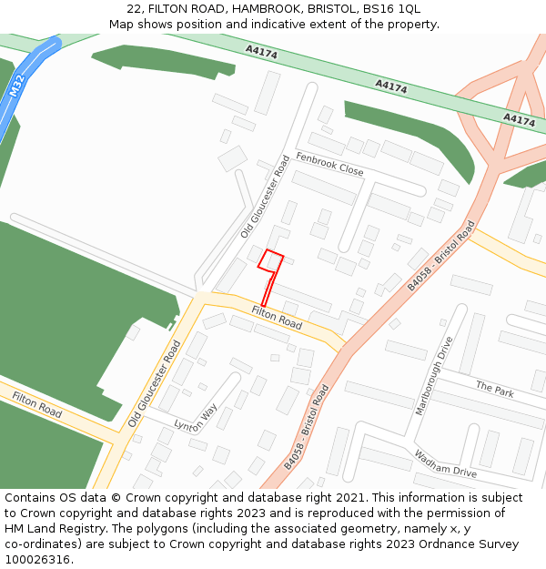 22, FILTON ROAD, HAMBROOK, BRISTOL, BS16 1QL: Location map and indicative extent of plot