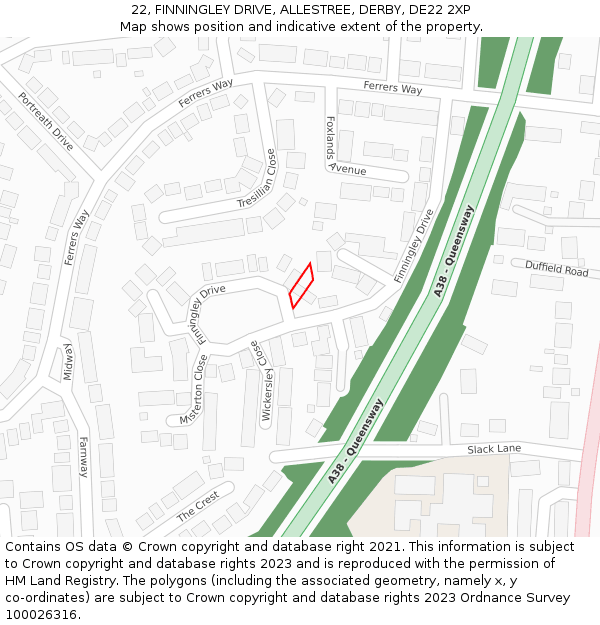 22, FINNINGLEY DRIVE, ALLESTREE, DERBY, DE22 2XP: Location map and indicative extent of plot