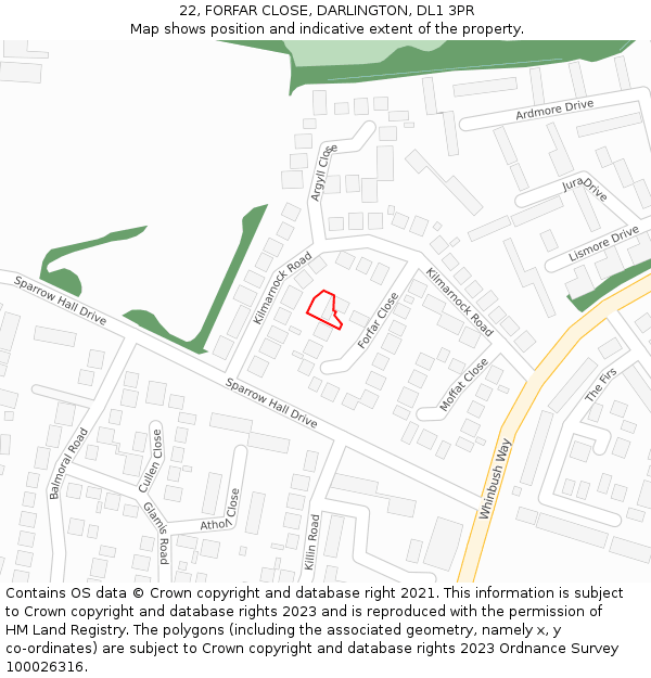 22, FORFAR CLOSE, DARLINGTON, DL1 3PR: Location map and indicative extent of plot