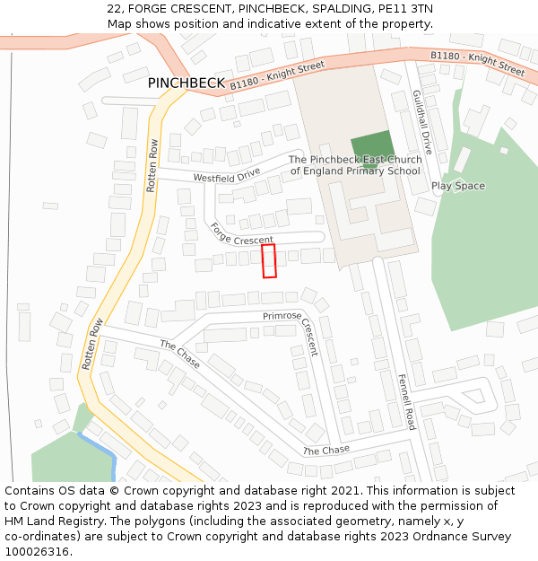 22, FORGE CRESCENT, PINCHBECK, SPALDING, PE11 3TN: Location map and indicative extent of plot