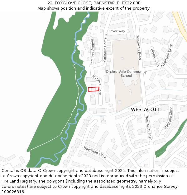 22, FOXGLOVE CLOSE, BARNSTAPLE, EX32 8RE: Location map and indicative extent of plot