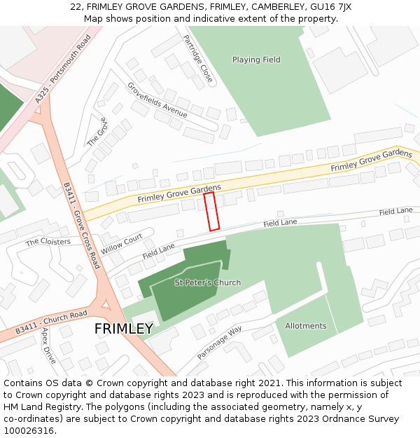 22, FRIMLEY GROVE GARDENS, FRIMLEY, CAMBERLEY, GU16 7JX: Location map and indicative extent of plot