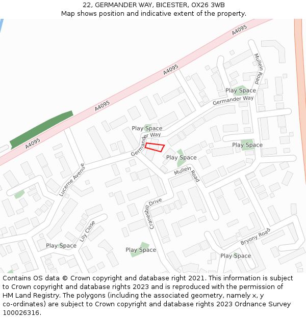 22, GERMANDER WAY, BICESTER, OX26 3WB: Location map and indicative extent of plot