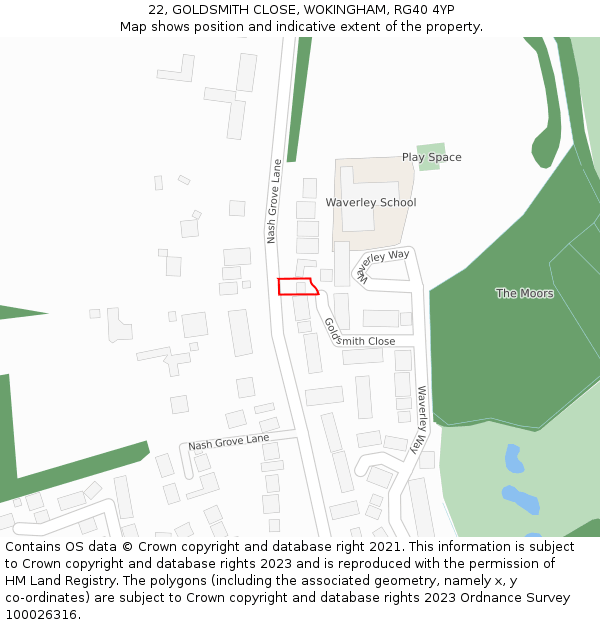 22, GOLDSMITH CLOSE, WOKINGHAM, RG40 4YP: Location map and indicative extent of plot