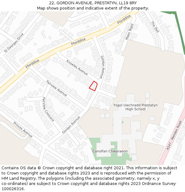 22, GORDON AVENUE, PRESTATYN, LL19 8RY: Location map and indicative extent of plot