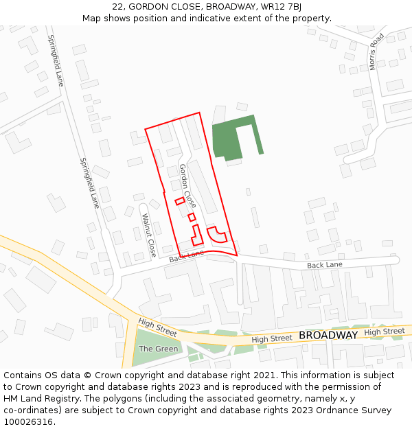 22, GORDON CLOSE, BROADWAY, WR12 7BJ: Location map and indicative extent of plot