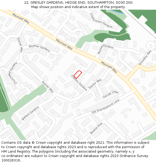 22, GRESLEY GARDENS, HEDGE END, SOUTHAMPTON, SO30 2XG: Location map and indicative extent of plot