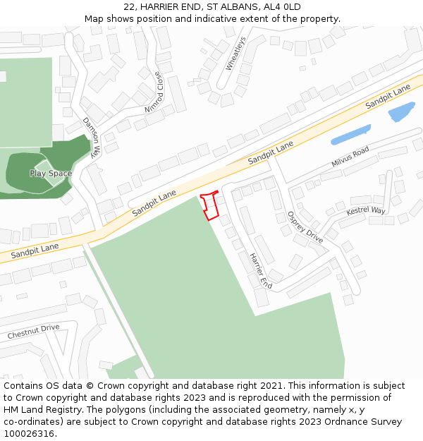 22, HARRIER END, ST ALBANS, AL4 0LD: Location map and indicative extent of plot