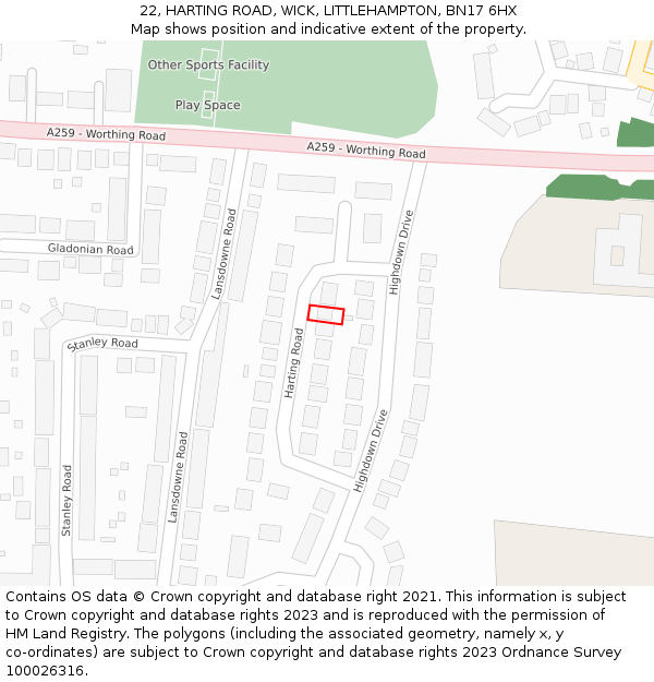 22, HARTING ROAD, WICK, LITTLEHAMPTON, BN17 6HX: Location map and indicative extent of plot