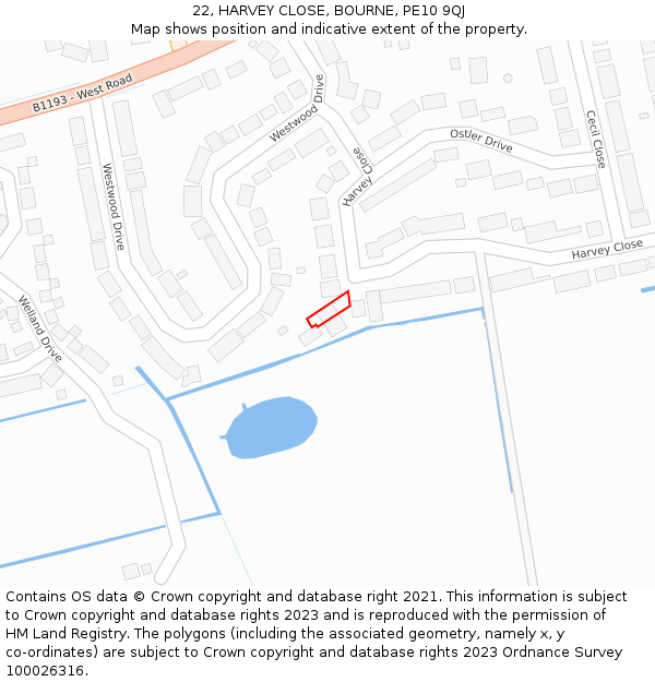 22, HARVEY CLOSE, BOURNE, PE10 9QJ: Location map and indicative extent of plot