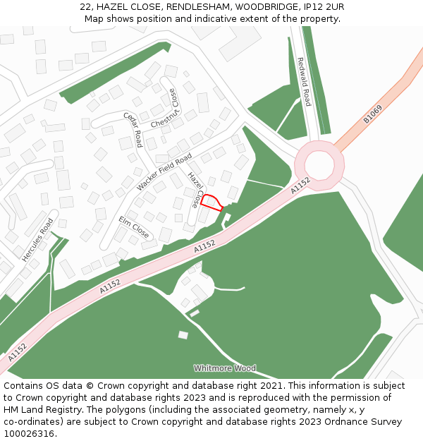 22, HAZEL CLOSE, RENDLESHAM, WOODBRIDGE, IP12 2UR: Location map and indicative extent of plot