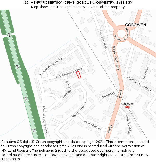 22, HENRY ROBERTSON DRIVE, GOBOWEN, OSWESTRY, SY11 3GY: Location map and indicative extent of plot