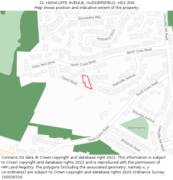 22, HIGHCLIFFE AVENUE, HUDDERSFIELD, HD2 2NS: Location map and indicative extent of plot