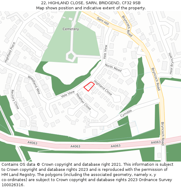 22, HIGHLAND CLOSE, SARN, BRIDGEND, CF32 9SB: Location map and indicative extent of plot