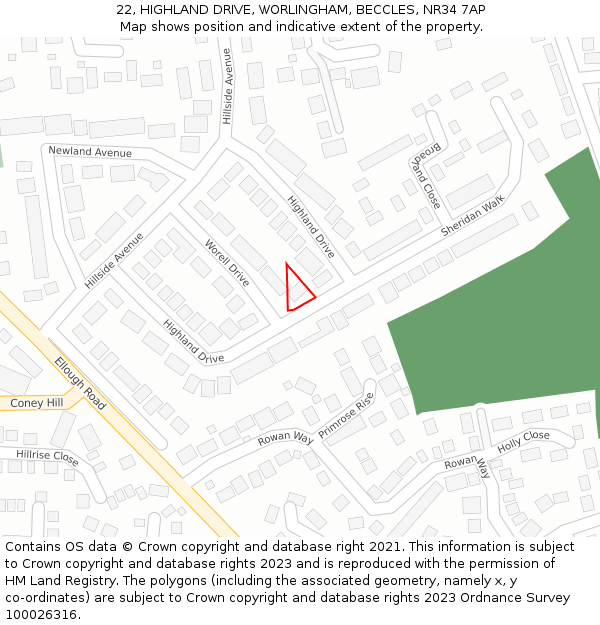 22, HIGHLAND DRIVE, WORLINGHAM, BECCLES, NR34 7AP: Location map and indicative extent of plot