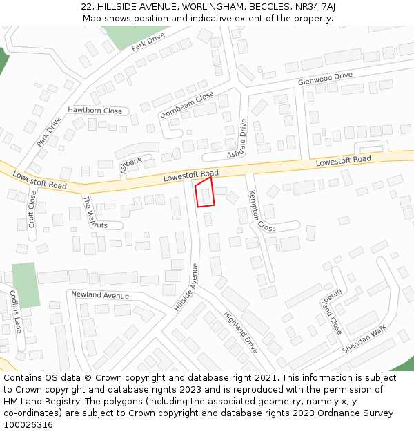 22, HILLSIDE AVENUE, WORLINGHAM, BECCLES, NR34 7AJ: Location map and indicative extent of plot