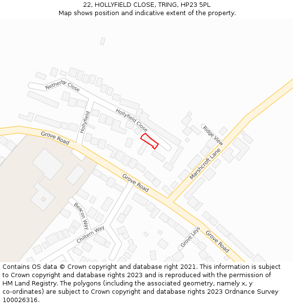 22, HOLLYFIELD CLOSE, TRING, HP23 5PL: Location map and indicative extent of plot