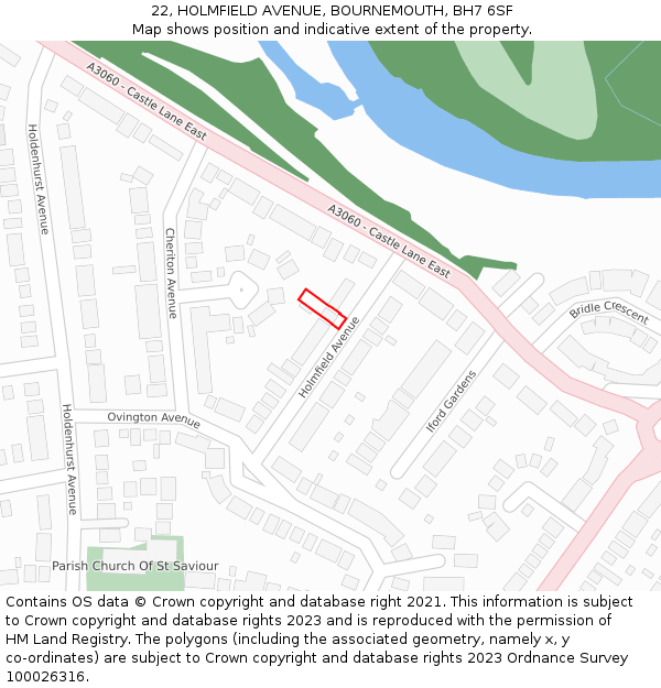 22, HOLMFIELD AVENUE, BOURNEMOUTH, BH7 6SF: Location map and indicative extent of plot