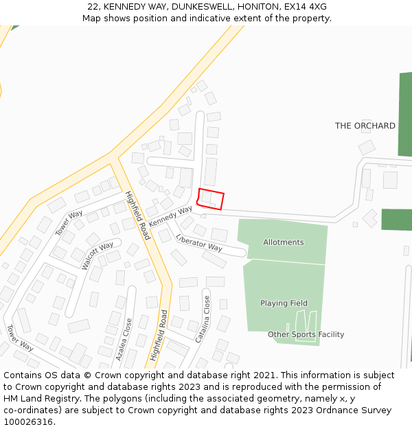 22, KENNEDY WAY, DUNKESWELL, HONITON, EX14 4XG: Location map and indicative extent of plot